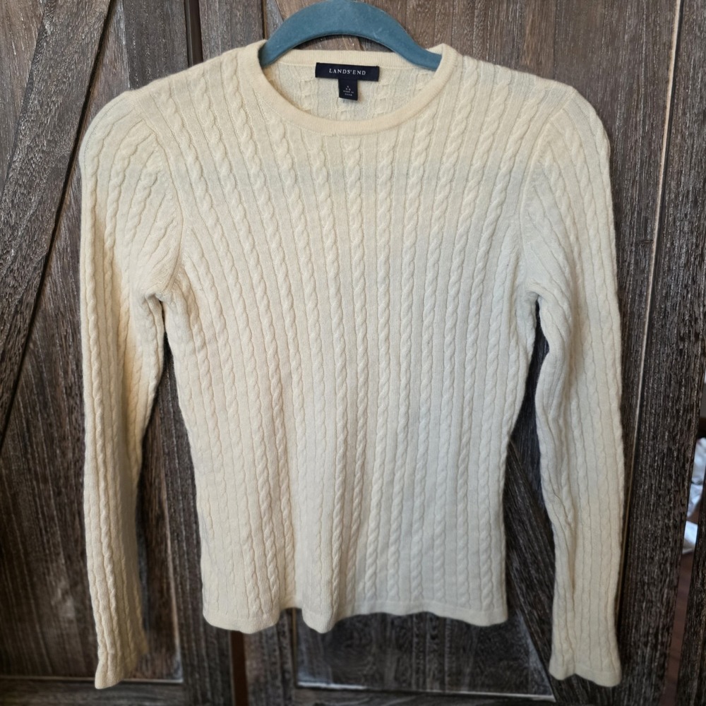 Lands' End Sweater Size Small (6-8) Ivory 100% Cashmere Pullover Crew Cable Knit